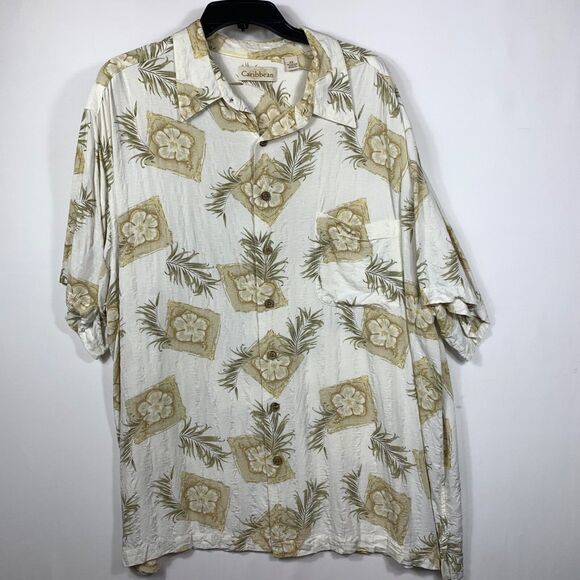 Caribbean Joe Shirt Adult XXL Mens Beige Short Sleeve Hawaiian Floral Button Up - Picture 2 of 11